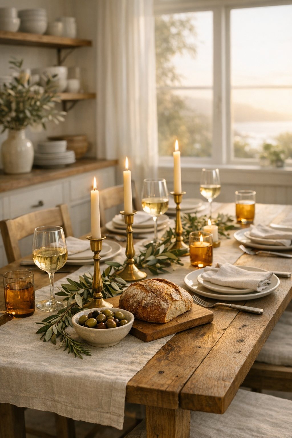 A long oak table set for a private dinner at golden hour: linen runner, brass candlesticks, sourdough, olives and white wine