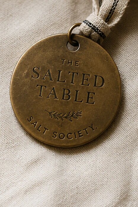 The Salt Society brass medallion tied with striped ribbon
